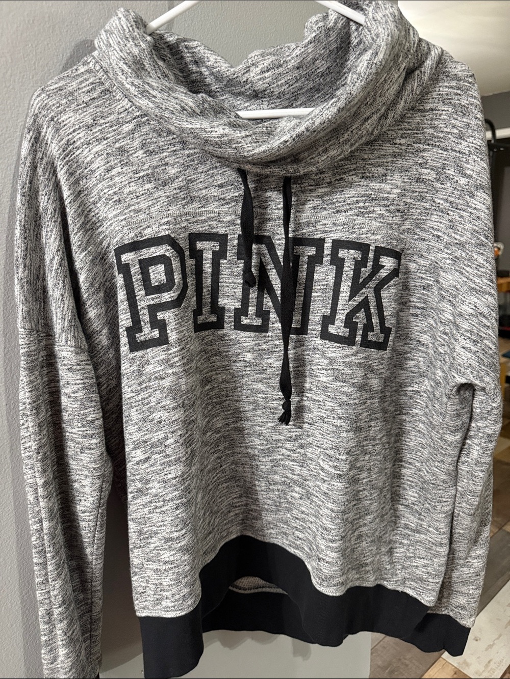 PINK Victoria's Secret Gray Marled Cowl Neck Pullover with Black Trim